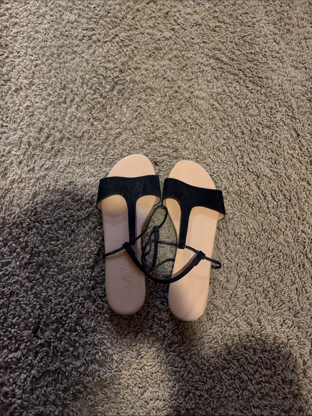 LOFT Black T-Strap Sandals with Nude Footbed